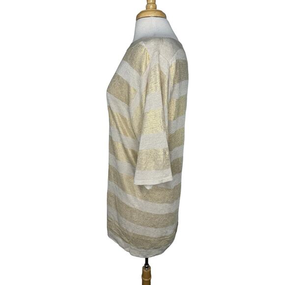 CHICOS Gold Tan Stripe Linen Blend Short Sleeve Relaxed Knit Top Size Large (2) - Picture 2 of 9